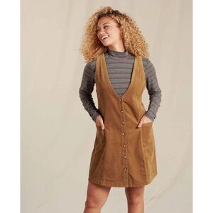 toad & co • scouter corduroy jumper dress tan mini v neck button front pockets